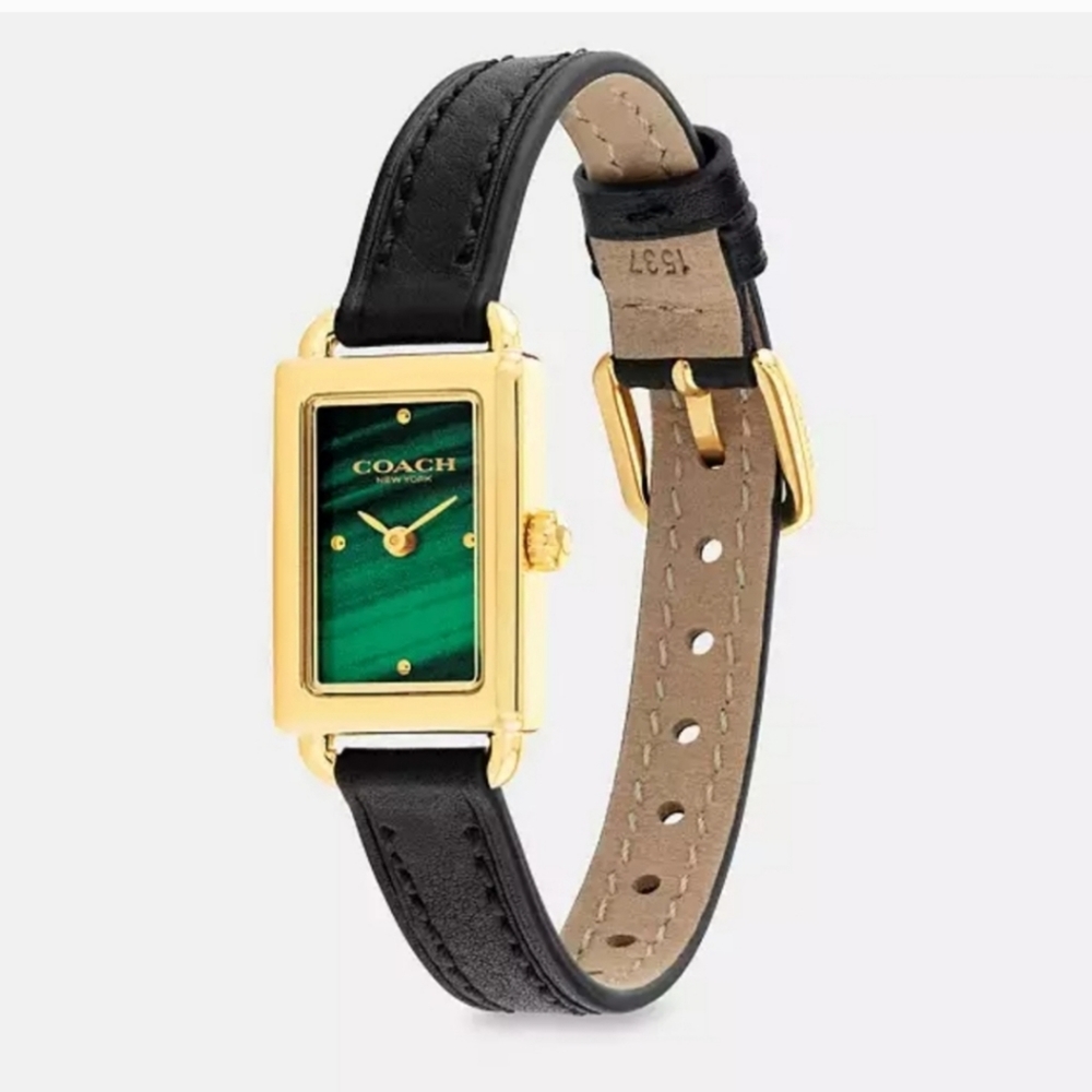 Coach Gold-Tone Rectangular Watch with Green Dial and Black Leather Strap